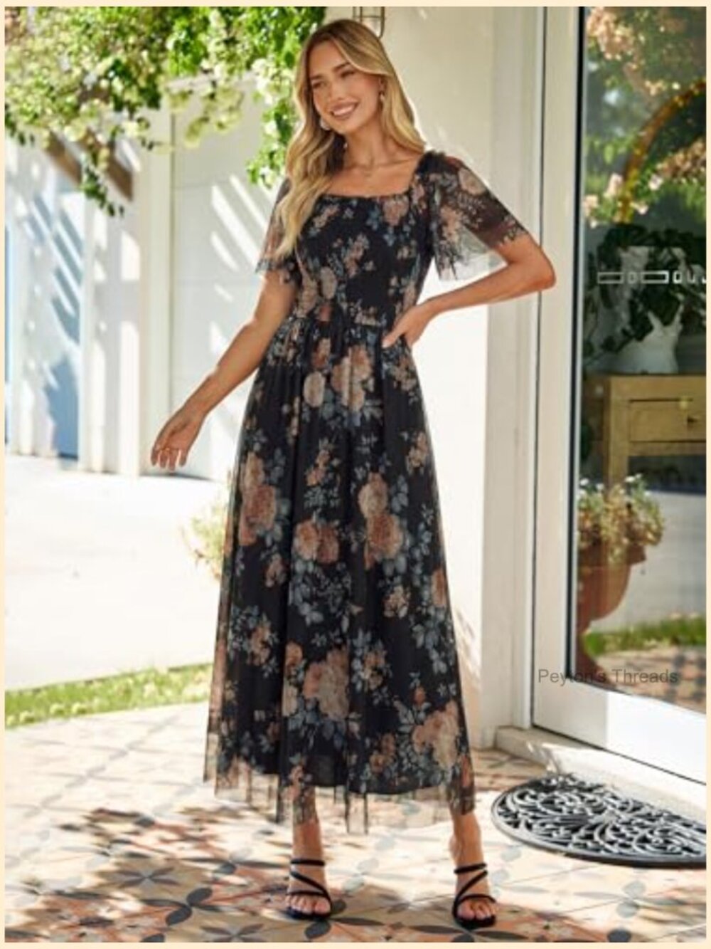 Square Neck Mesh Short Sleeve Smocked Flowy Boho Maxi Dress - Picture 2 of 7